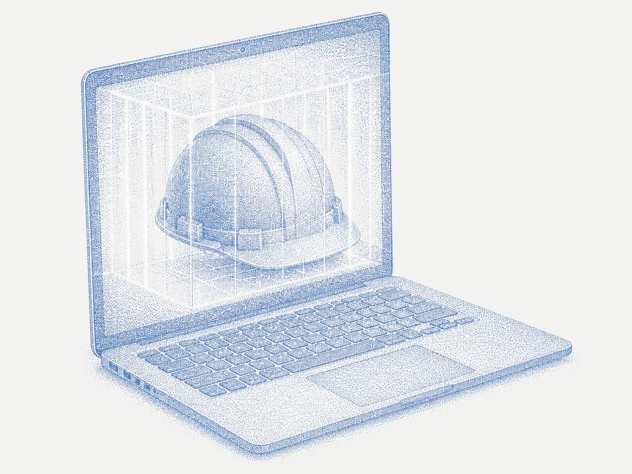 A hard hat trapped inside a laptop screen, drawn in blue dots