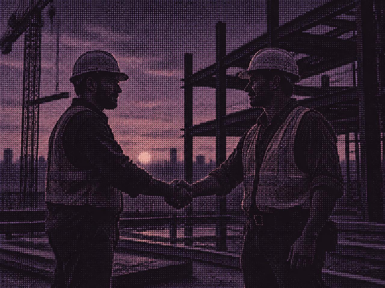 Two construction workers shaking hands on a jobsite at dusk